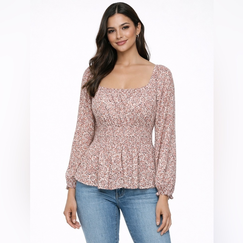 Japna Cottage Smocked Peplum Long Sleeve Blouse Size M